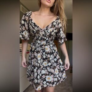 Abercrombie Angel Sleeve Smocked Waist Mini Dress - Brown Floral - Small